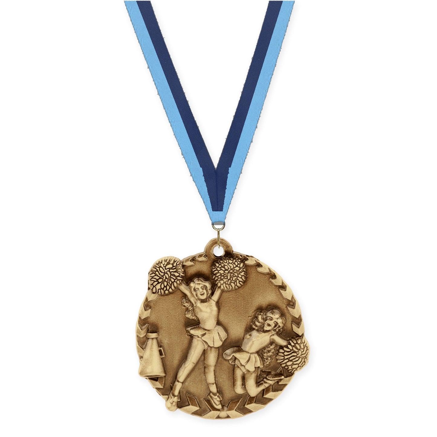 1 3/4 inch cheerleading Millennium medal in antique gold with Light Blue Navy neck ribbon