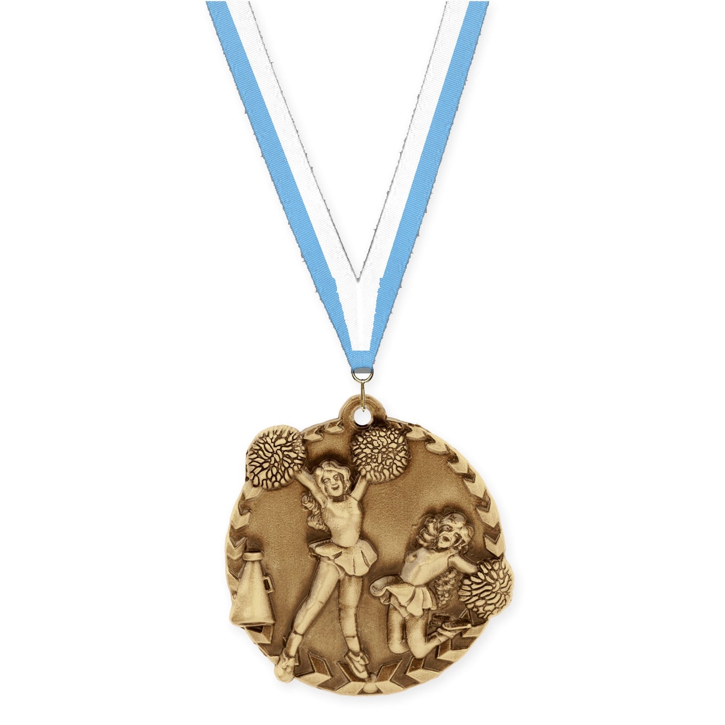 1 3/4 inch cheerleading Millennium medal in antique gold with Light Blue White neck ribbon