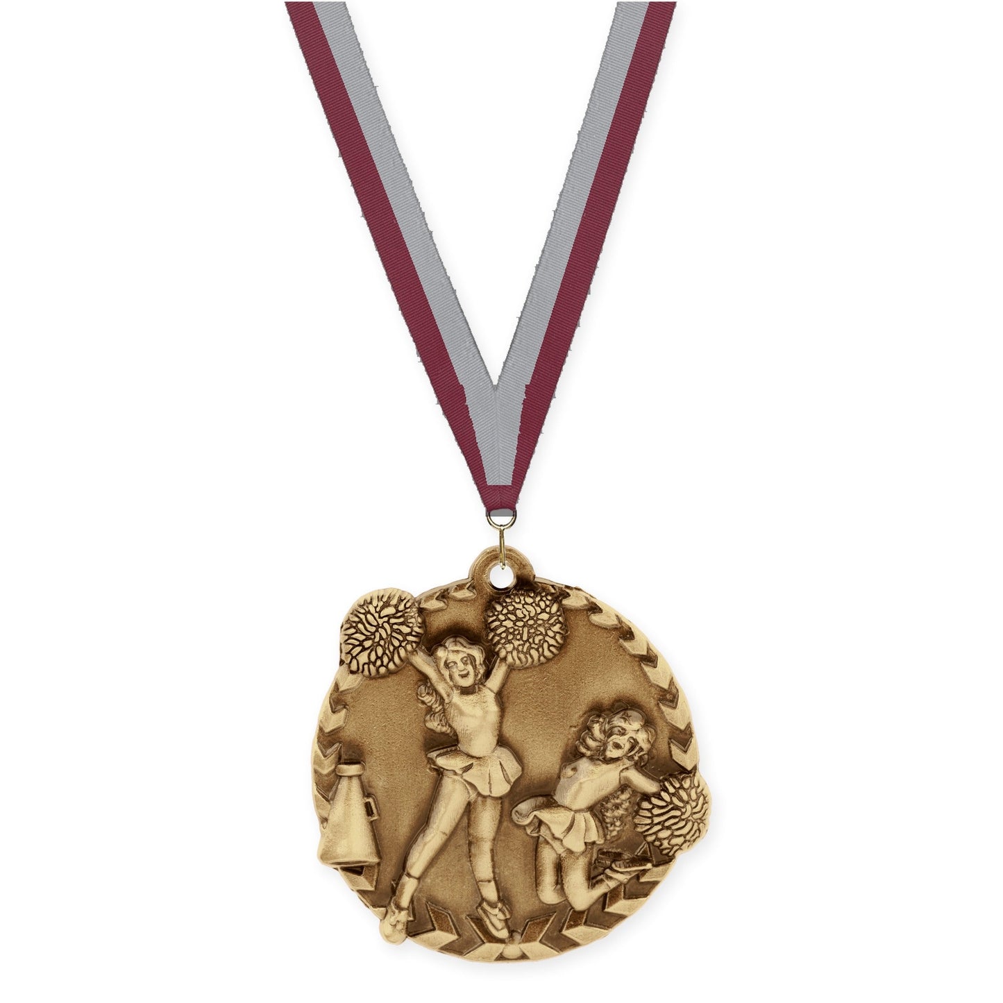 1 3/4 inch cheerleading Millennium medal in antique gold with Maroon Gray neck ribbon