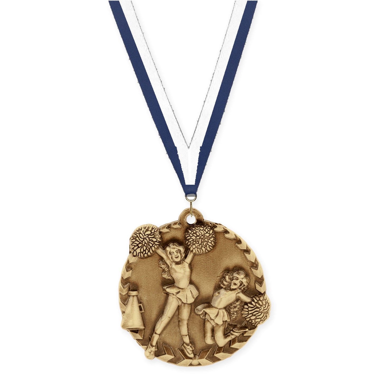 1 3/4 inch cheerleading Millennium medal in antique gold with Navy White neck ribbon
