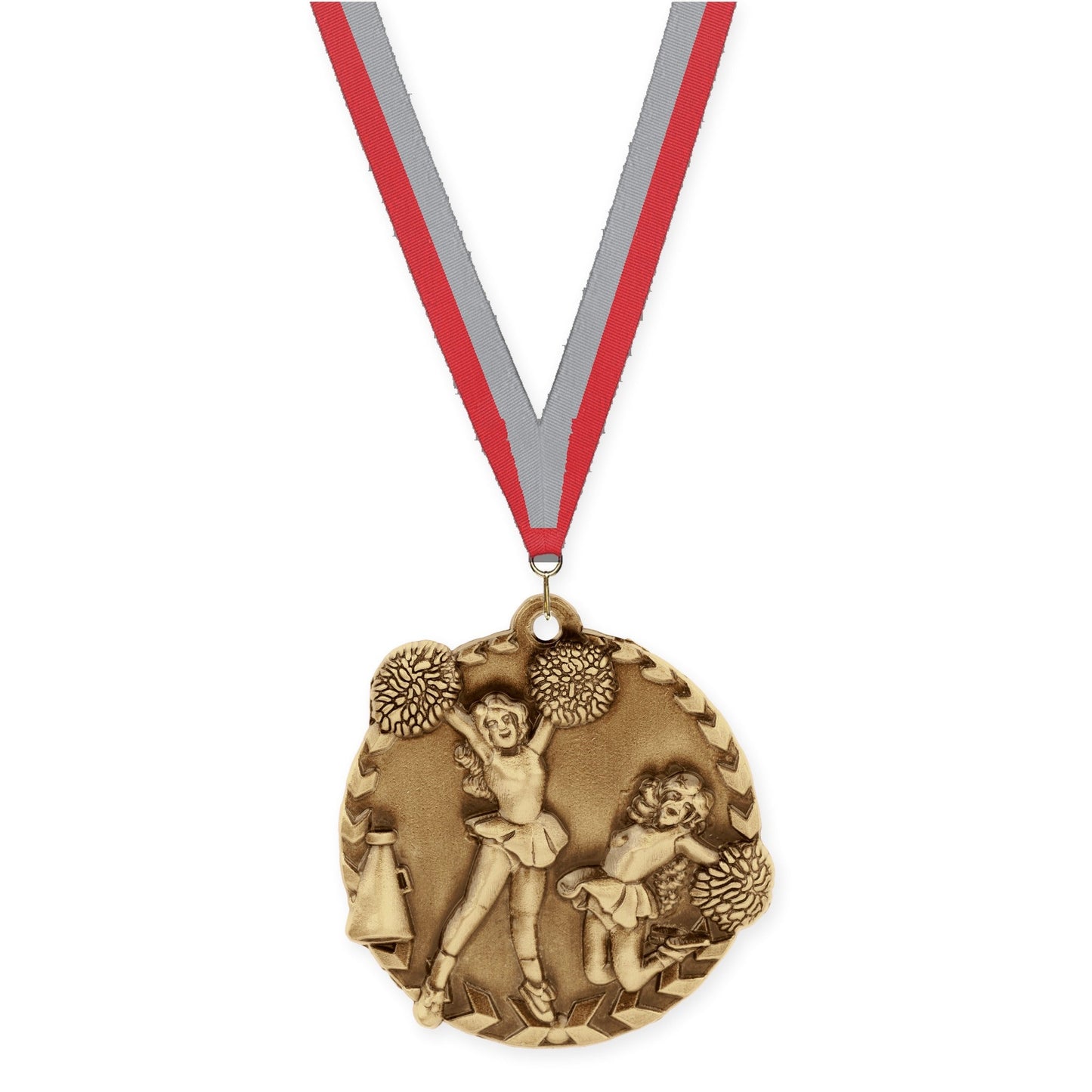 1 3/4 inch cheerleading Millennium medal in antique gold with Red Gray neck ribbon