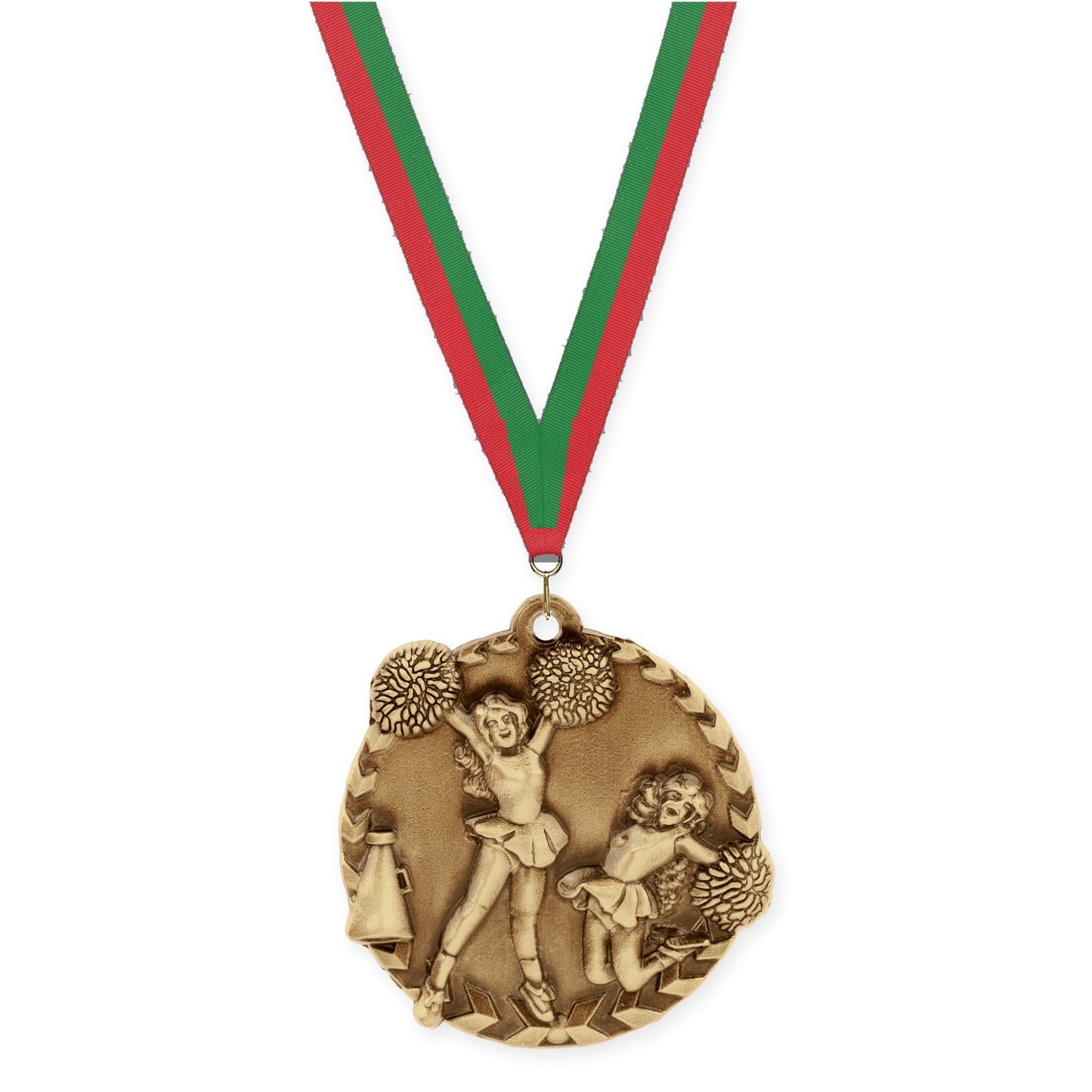 1 3/4 inch cheerleading Millennium medal in antique gold with Red Green neck ribbon