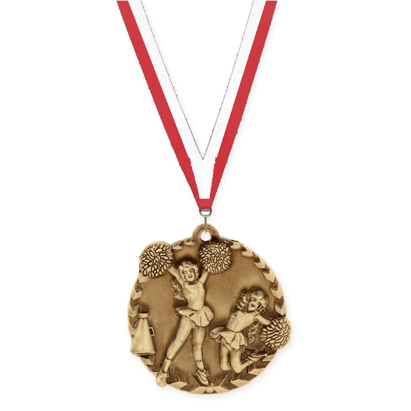 1 3/4 inch cheerleading Millennium medal in antique gold with Red White neck ribbon
