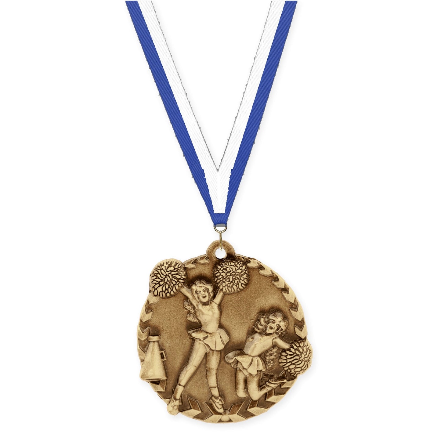1 3/4 inch cheerleading Millennium medal in antique gold with Blue White neck ribbon