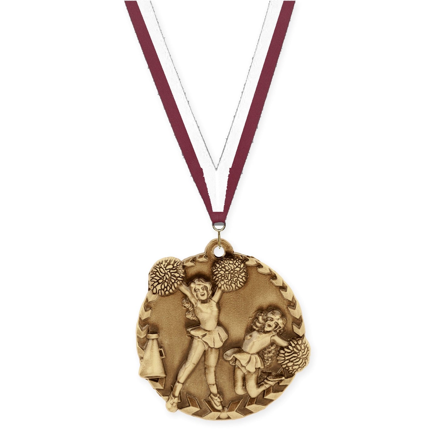 1 3/4 inch cheerleading Millennium medal in antique gold with Maroon White neck ribbon