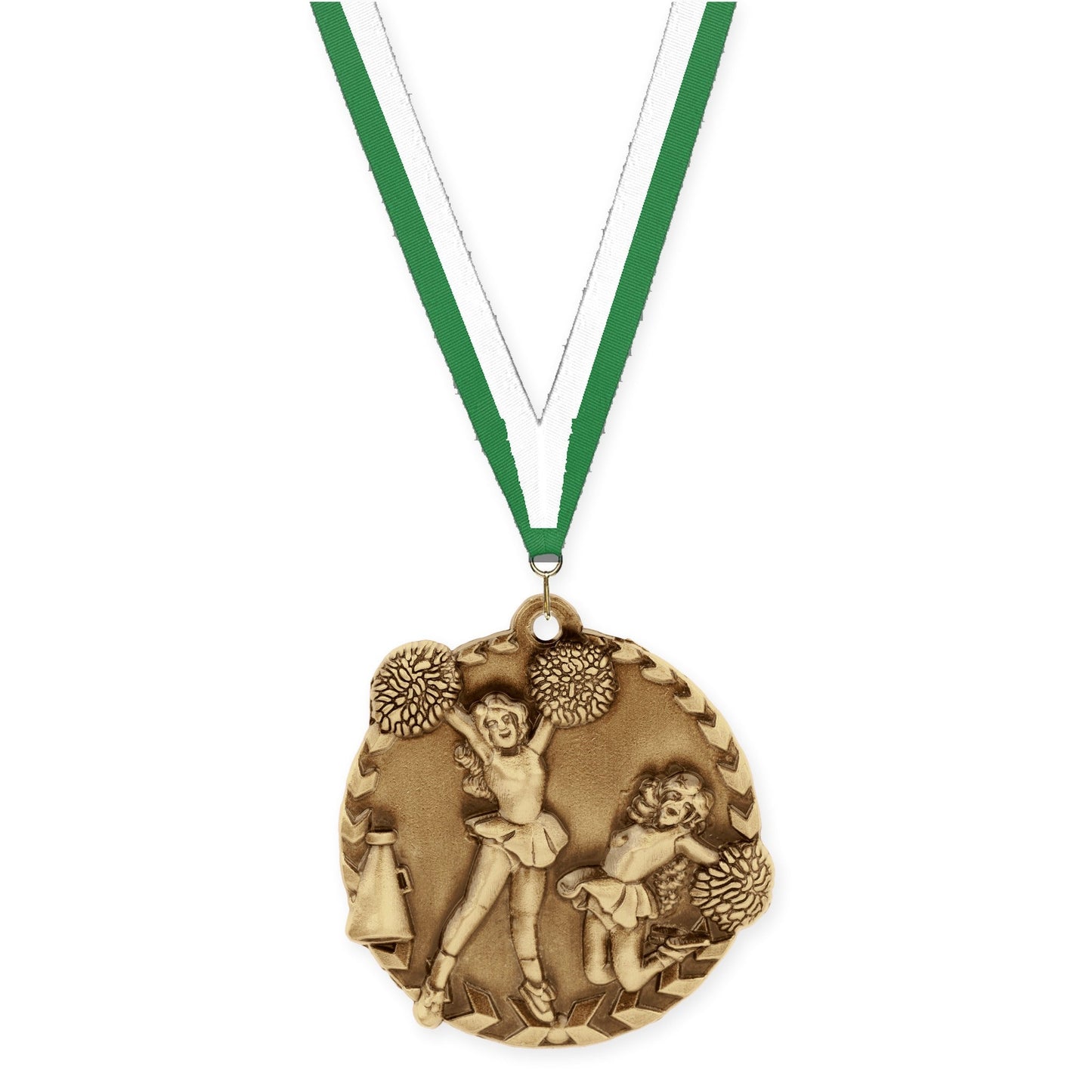 1 3/4 inch cheerleading Millennium medal in antique gold with Green White neck ribbon