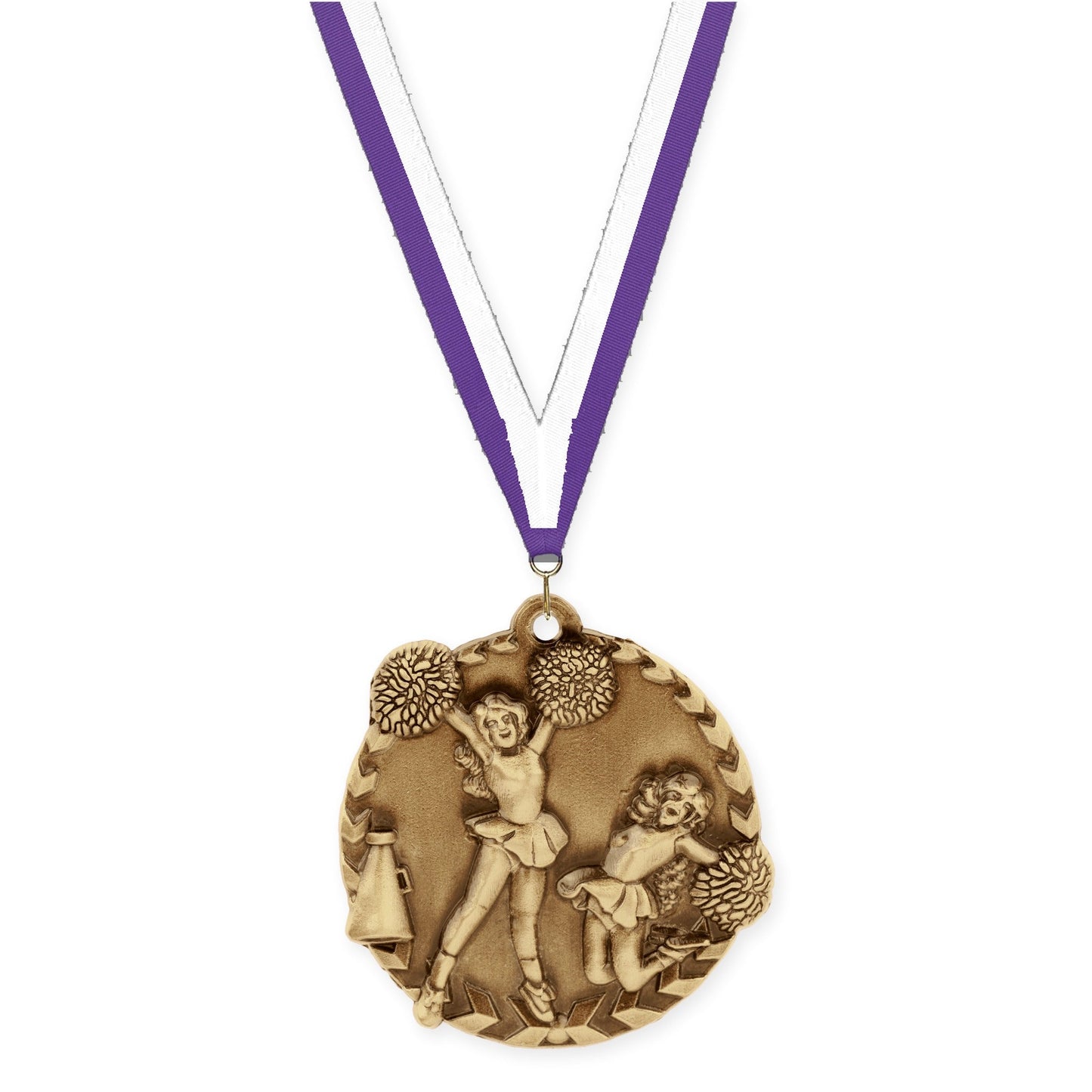 1 3/4 inch cheerleading Millennium medal in antique gold with Purple White neck ribbon