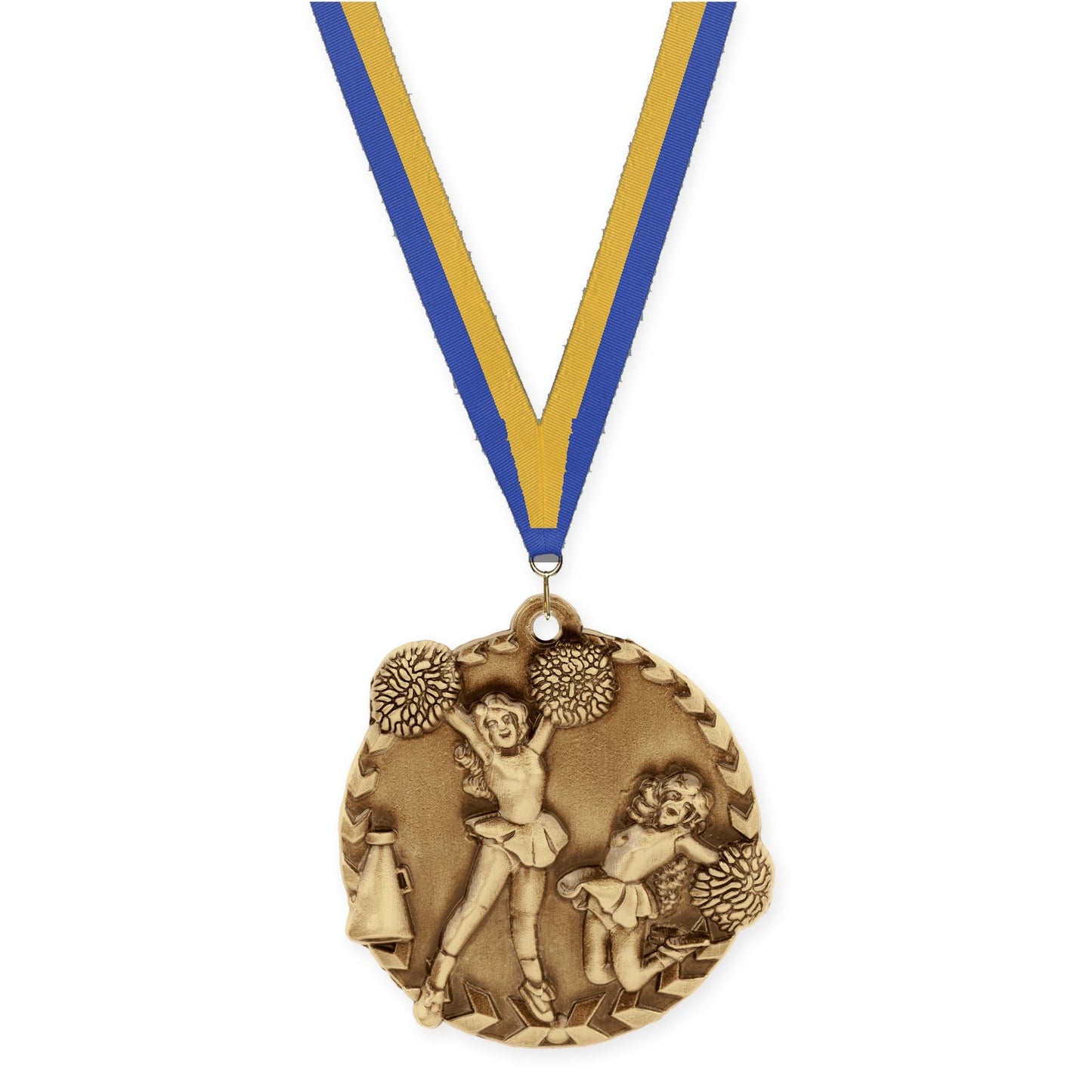1 3/4 inch cheerleading Millennium medal in antique gold with Blue Gold neck ribbon