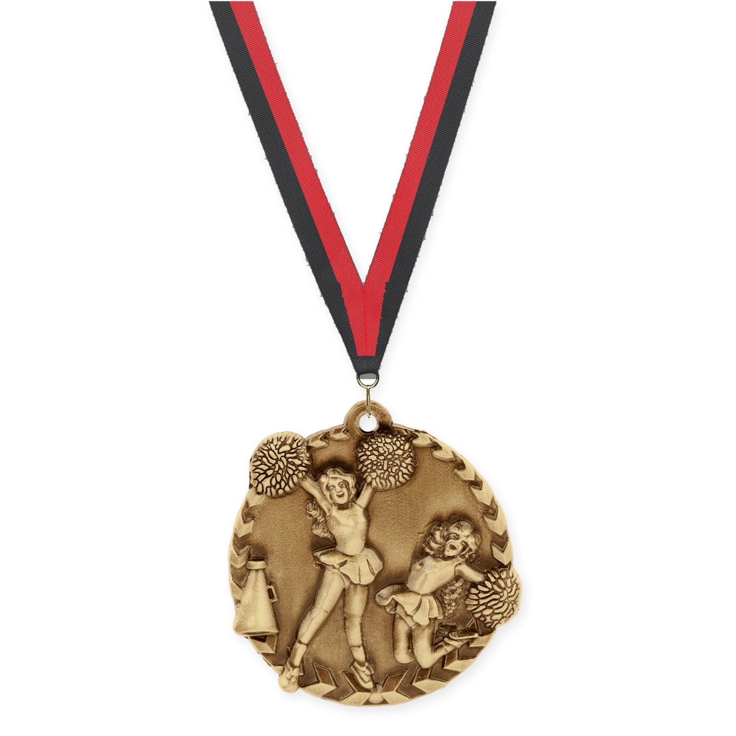 1 3/4 inch cheerleading Millennium medal in antique gold with Black Red neck ribbon