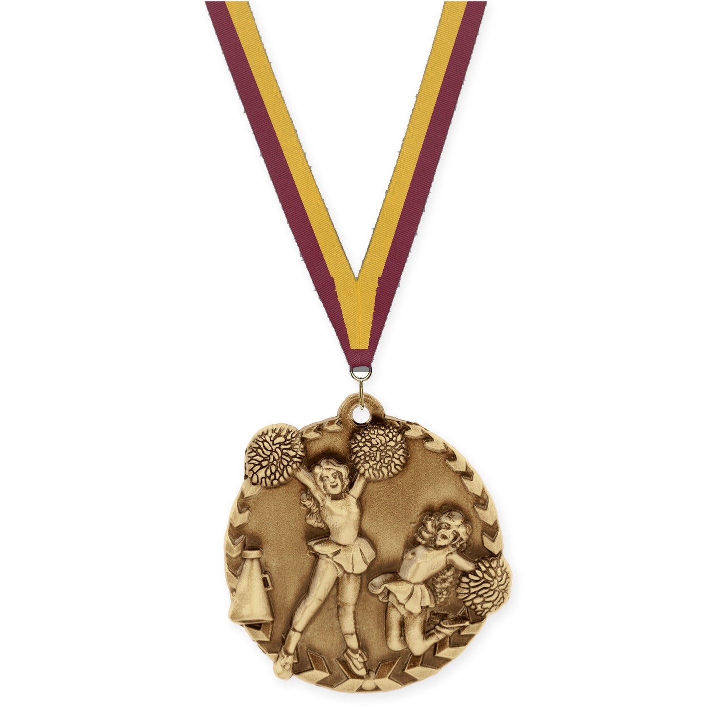 1 3/4 inch cheerleading Millennium medal in antique gold with Maroon Gold neck ribbon