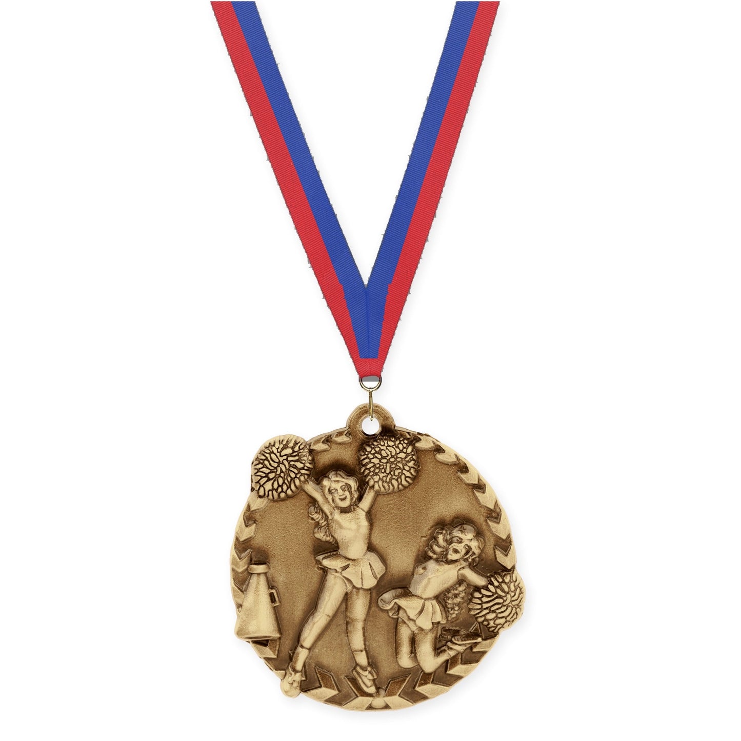 1 3/4 inch cheerleading Millennium medal in antique gold with Blue Red neck ribbon