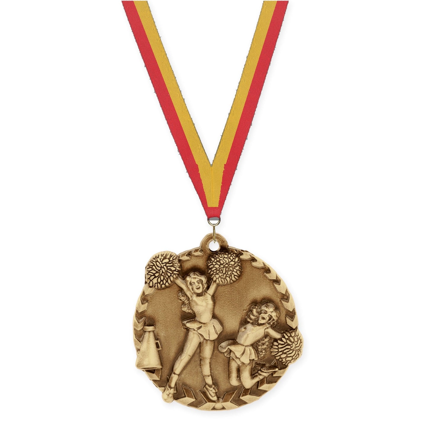 1 3/4 inch cheerleading Millennium medal in antique gold with Red Gold neck ribbon