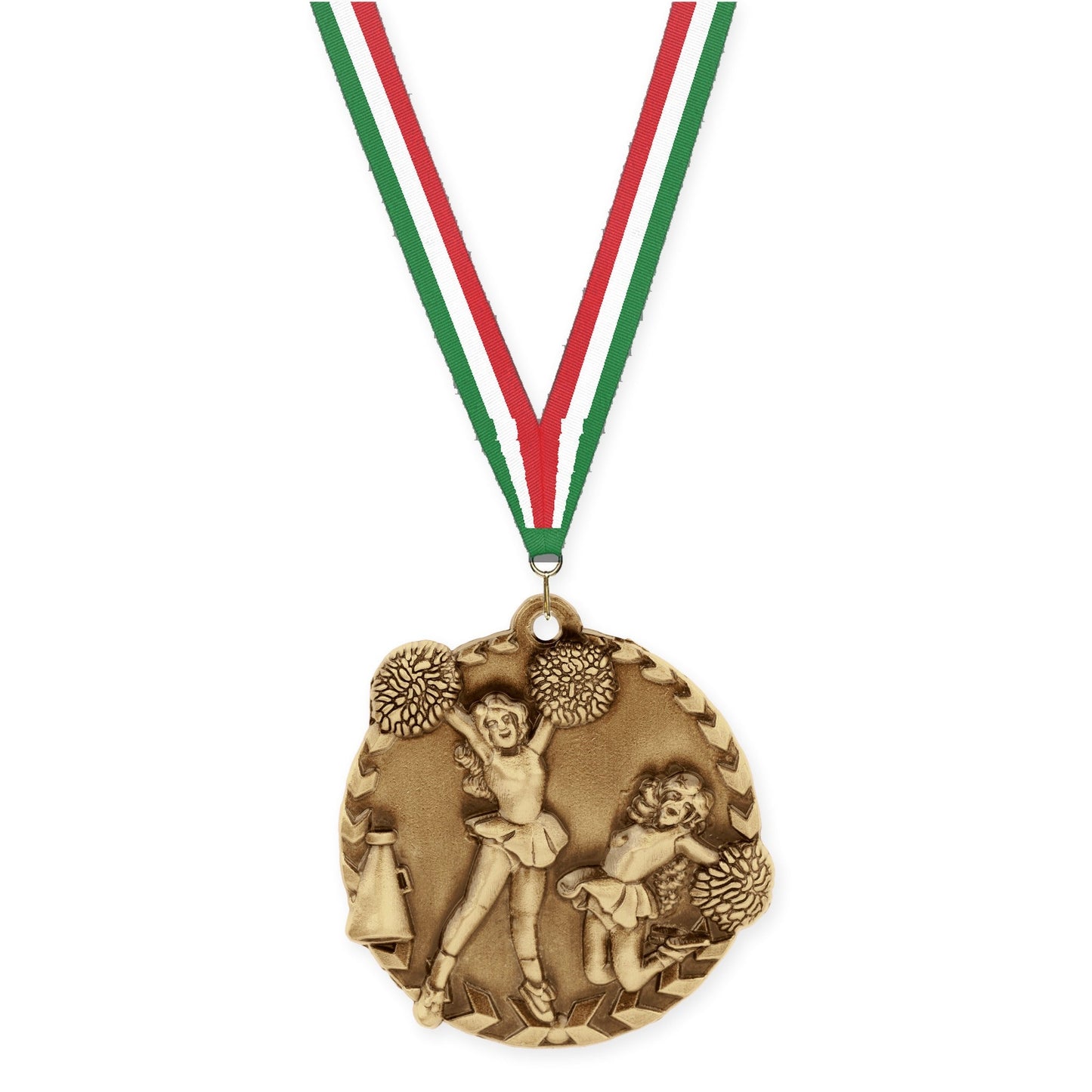1 3/4 inch cheerleading Millennium medal in antique gold with Green White Red neck ribbon