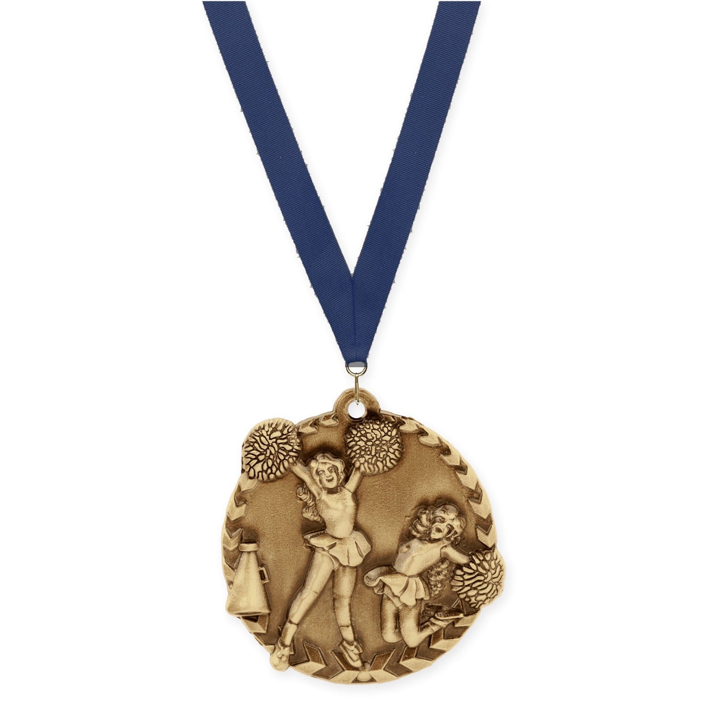 1 3/4 inch cheerleading Millennium medal in antique gold with Navy neck ribbon