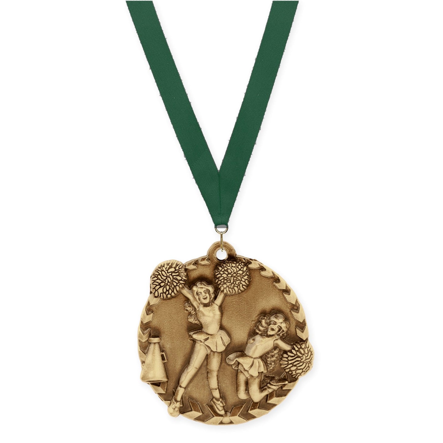 1 3/4 inch cheerleading Millennium medal in antique gold with Hunter Green neck ribbon