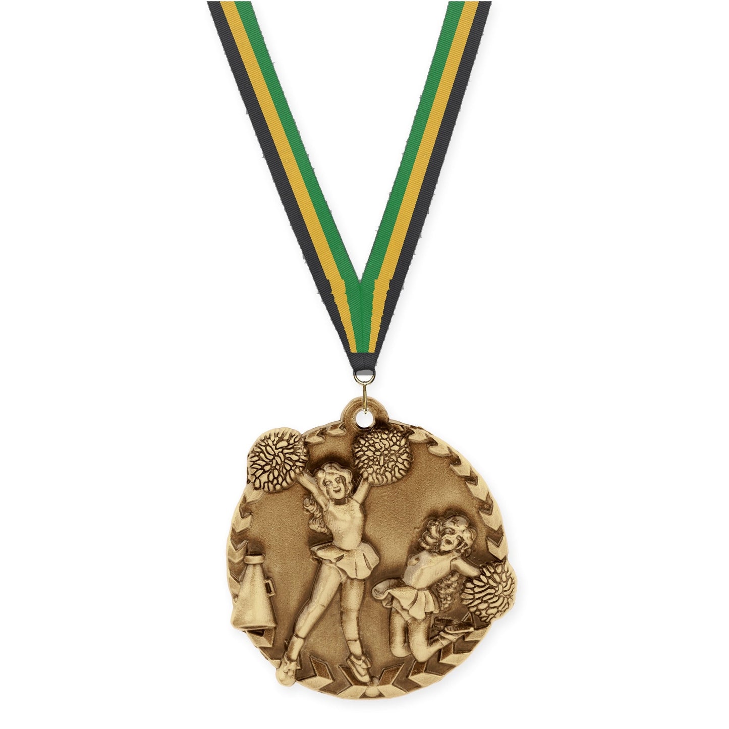 1 3/4 inch cheerleading Millennium medal in antique gold with Black Gold Green neck ribbon