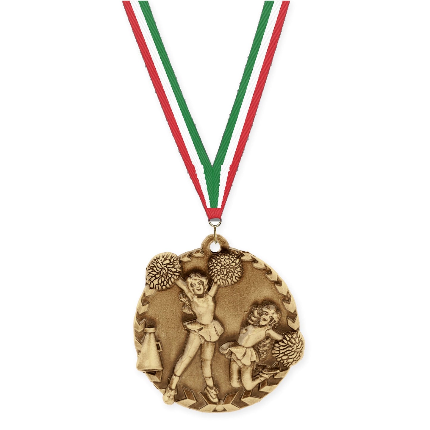 1 3/4 inch cheerleading Millennium medal in antique gold with Red White Green neck ribbon