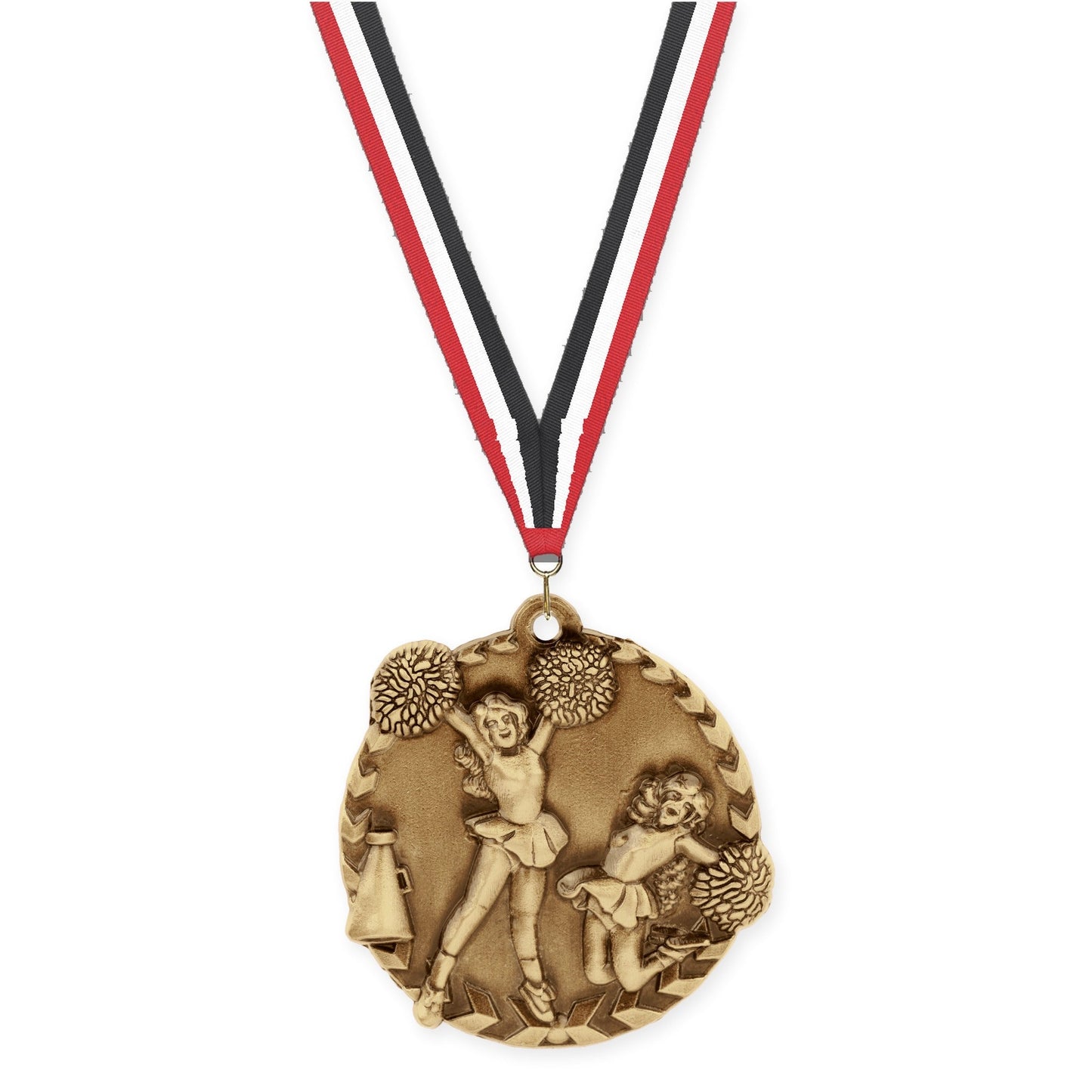 1 3/4 inch cheerleading Millennium medal in antique gold with Red White Black neck ribbon
