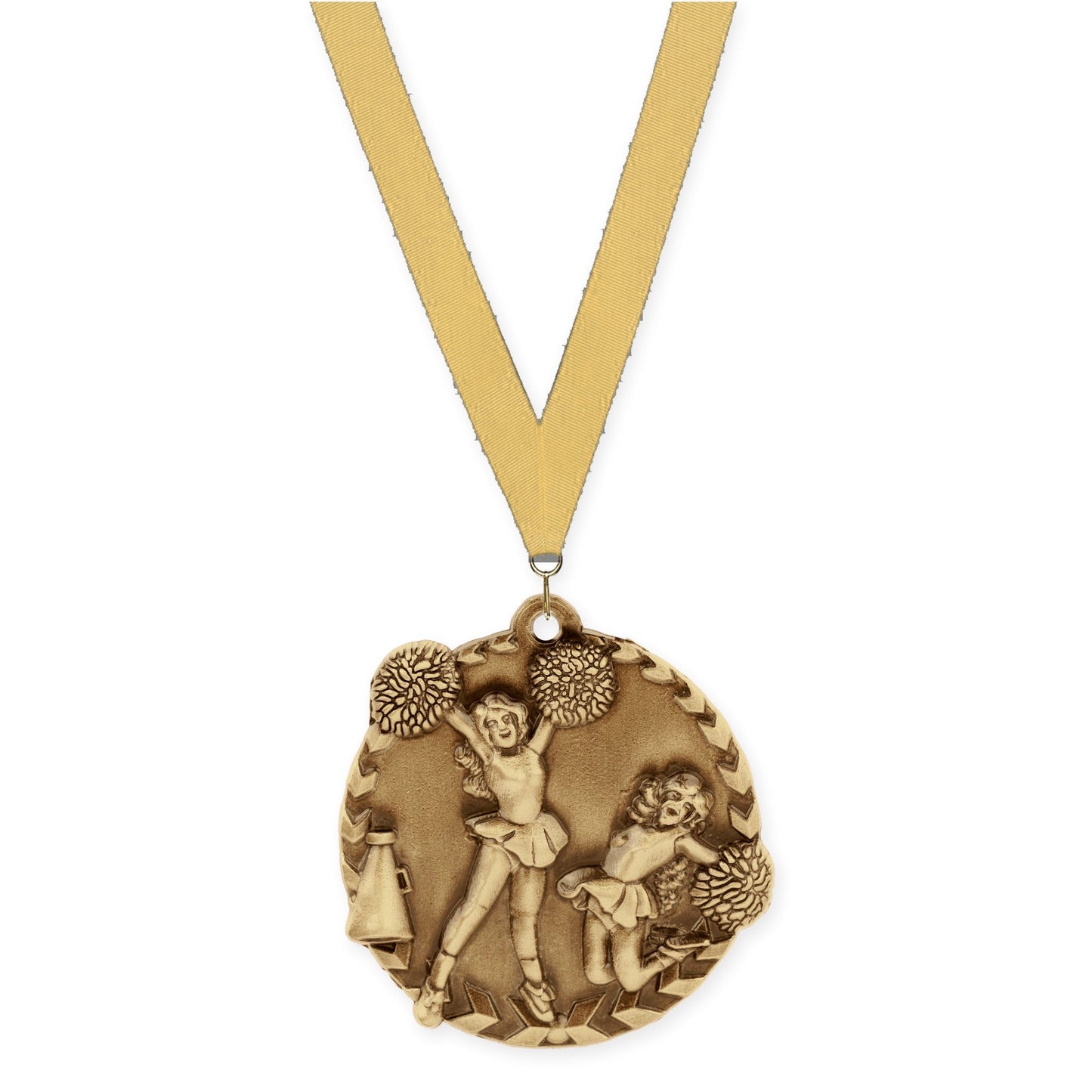 1 3/4 inch cheerleading Millennium medal in antique gold with Gold Metallic neck ribbon