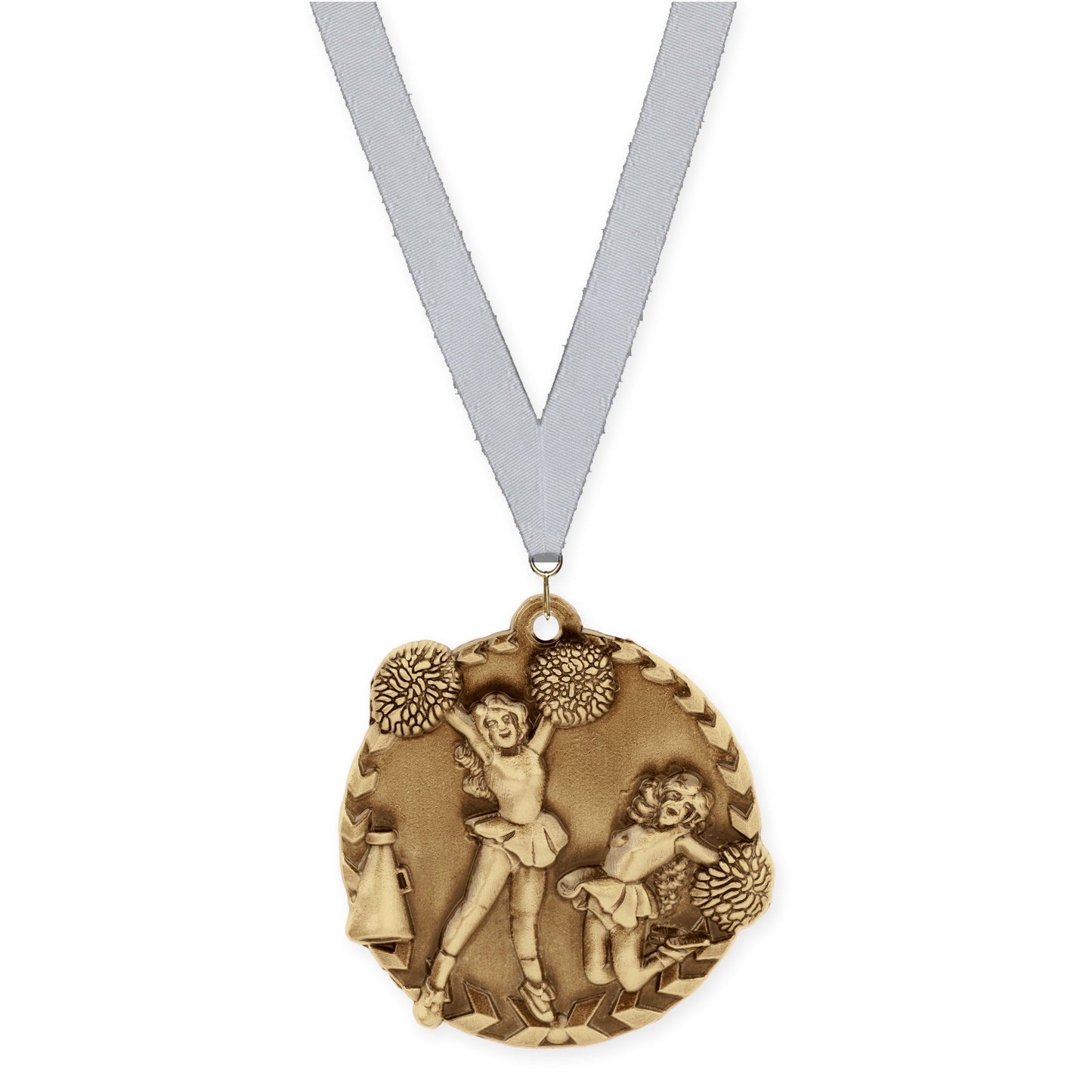 1 3/4 inch cheerleading Millennium medal in antique gold with Silver Metallic neck ribbon