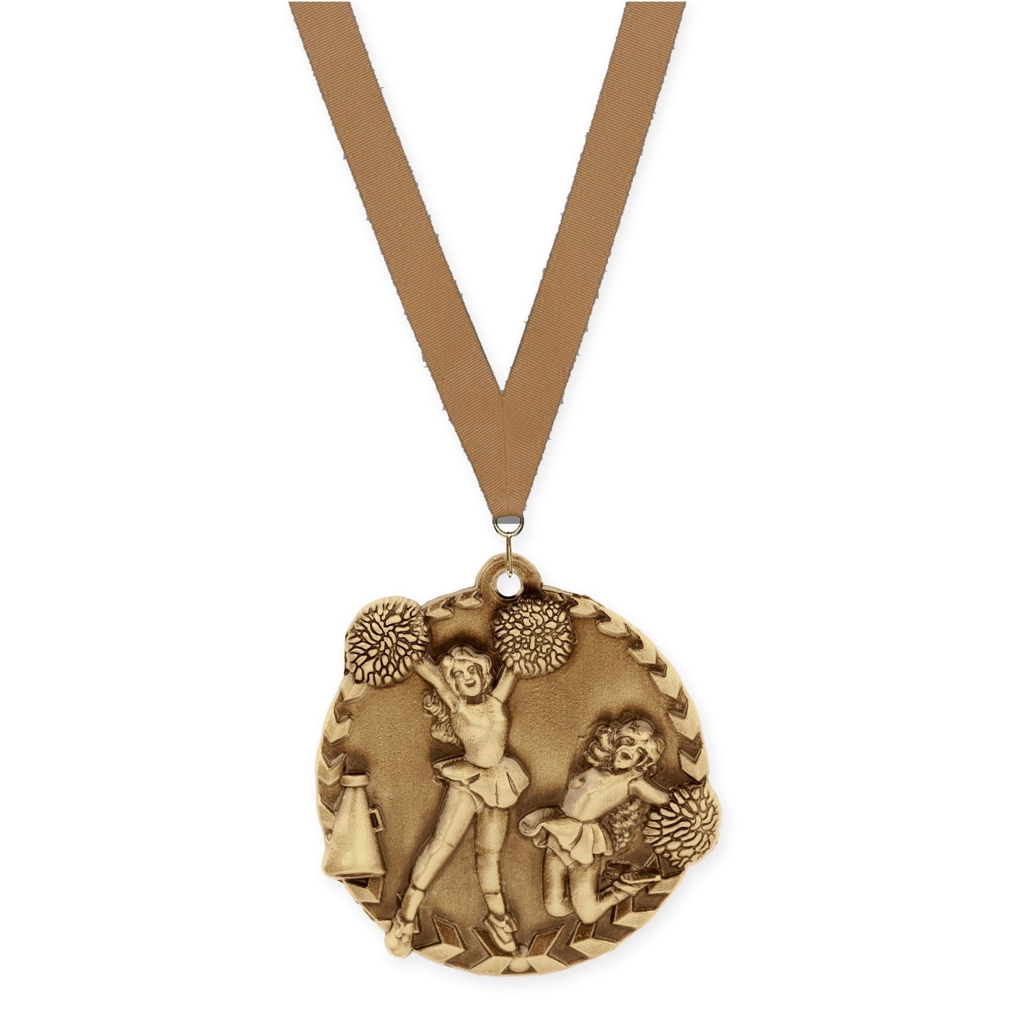 1 3/4 inch cheerleading Millennium medal in antique gold with Bronze Metallic neck ribbon
