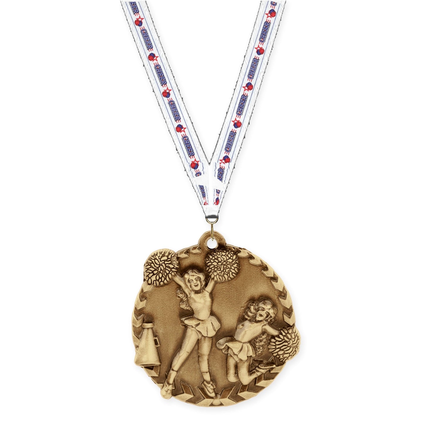 1 3/4 inch cheerleading Millennium medal in antique gold with Cheerleading neck ribbon