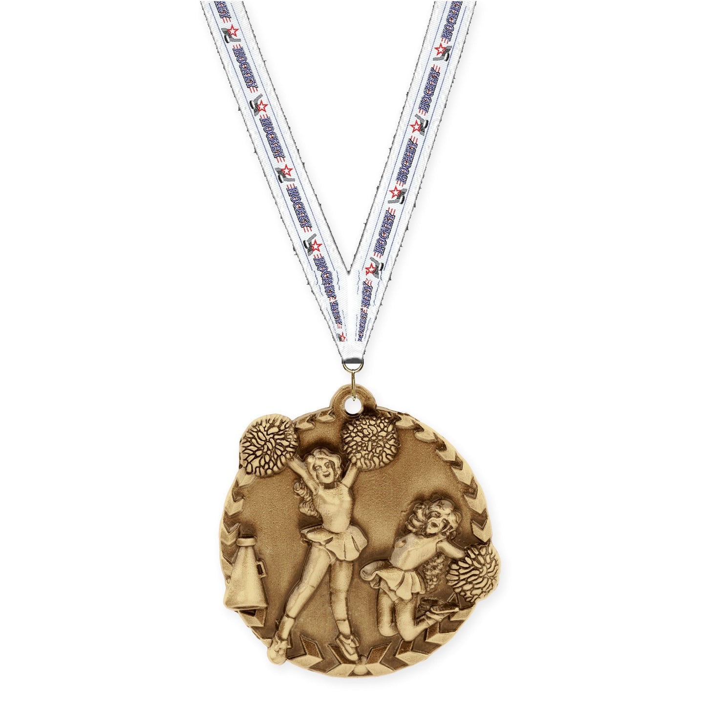 1 3/4 inch cheerleading Millennium medal in antique gold with Hockey neck ribbon