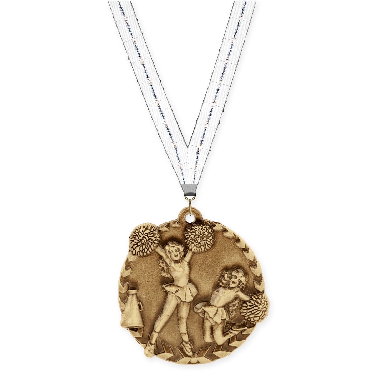 1 3/4 inch cheerleading Millennium medal in antique gold with Lamp Of Knowledge neck ribbon