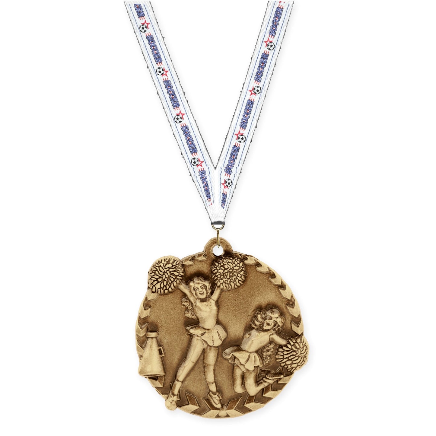1 3/4 inch cheerleading Millennium medal in antique gold with Soccer neck ribbon