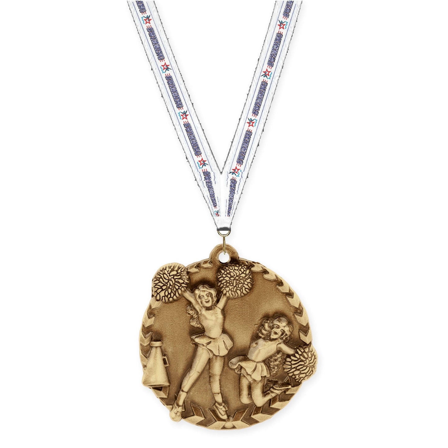 1 3/4 inch cheerleading Millennium medal in antique gold with Swimming neck ribbon