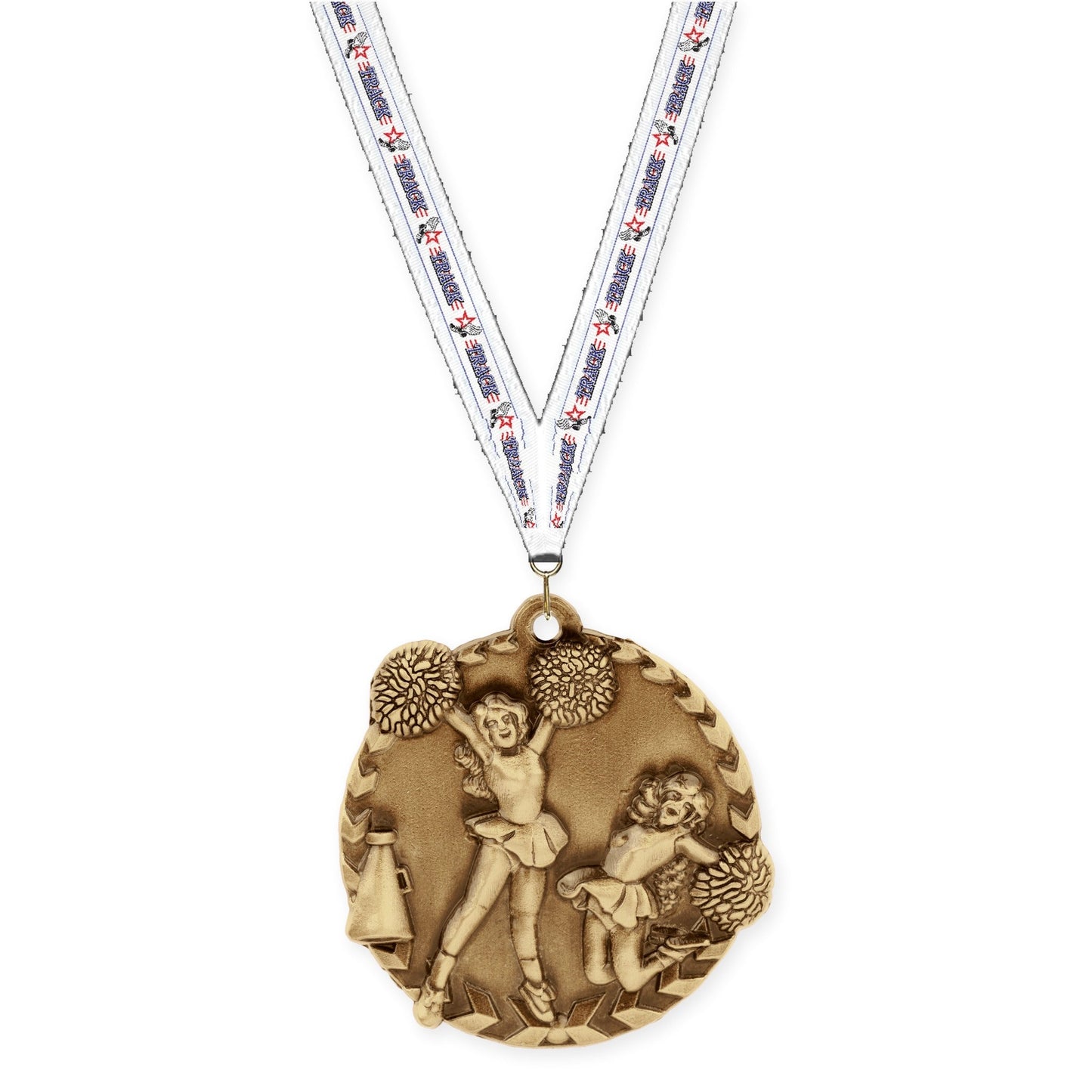 1 3/4 inch cheerleading Millennium medal in antique gold with Track neck ribbon