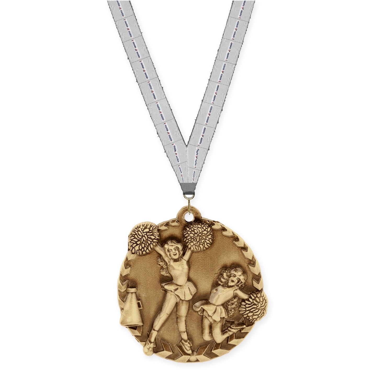 1 3/4 inch cheerleading Millennium medal in antique gold with Auto Racing neck ribbon