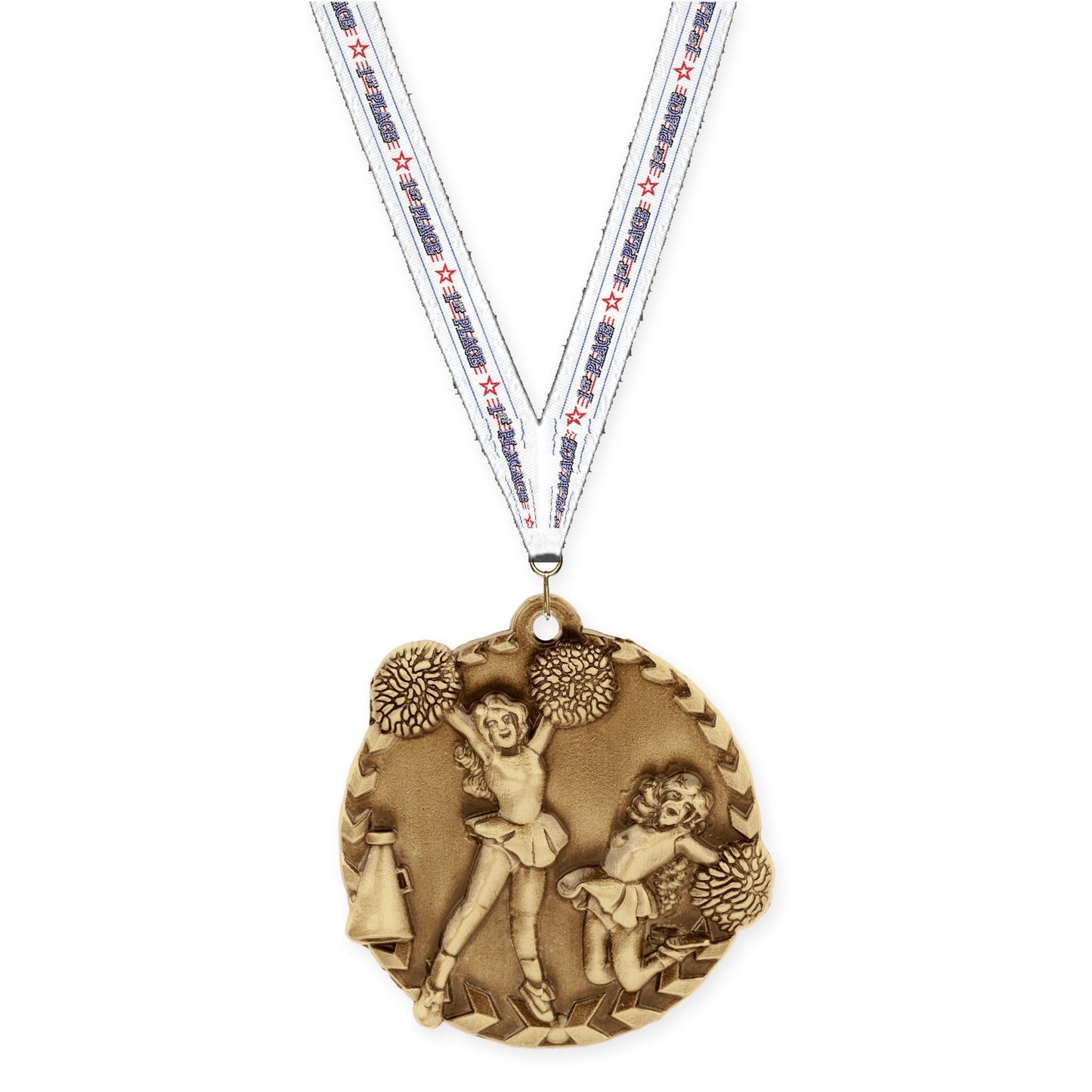 1 3/4 inch cheerleading Millennium medal in antique gold with 1st Place neck ribbon