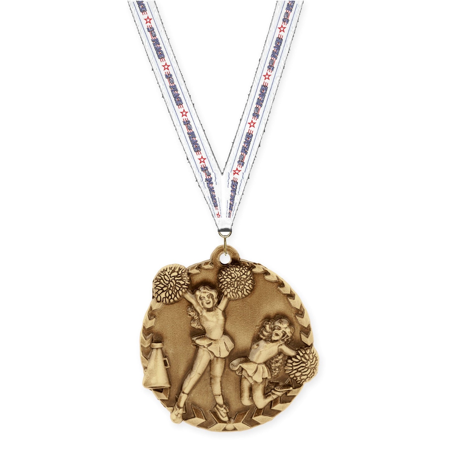 1 3/4 inch cheerleading Millennium medal in antique gold with 2nd Place neck ribbon