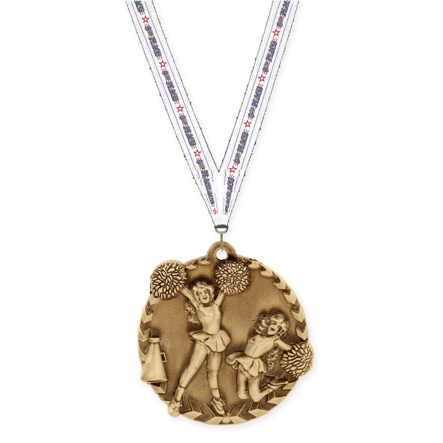 1 3/4 inch cheerleading Millennium medal in antique gold with 3rd Place neck ribbon