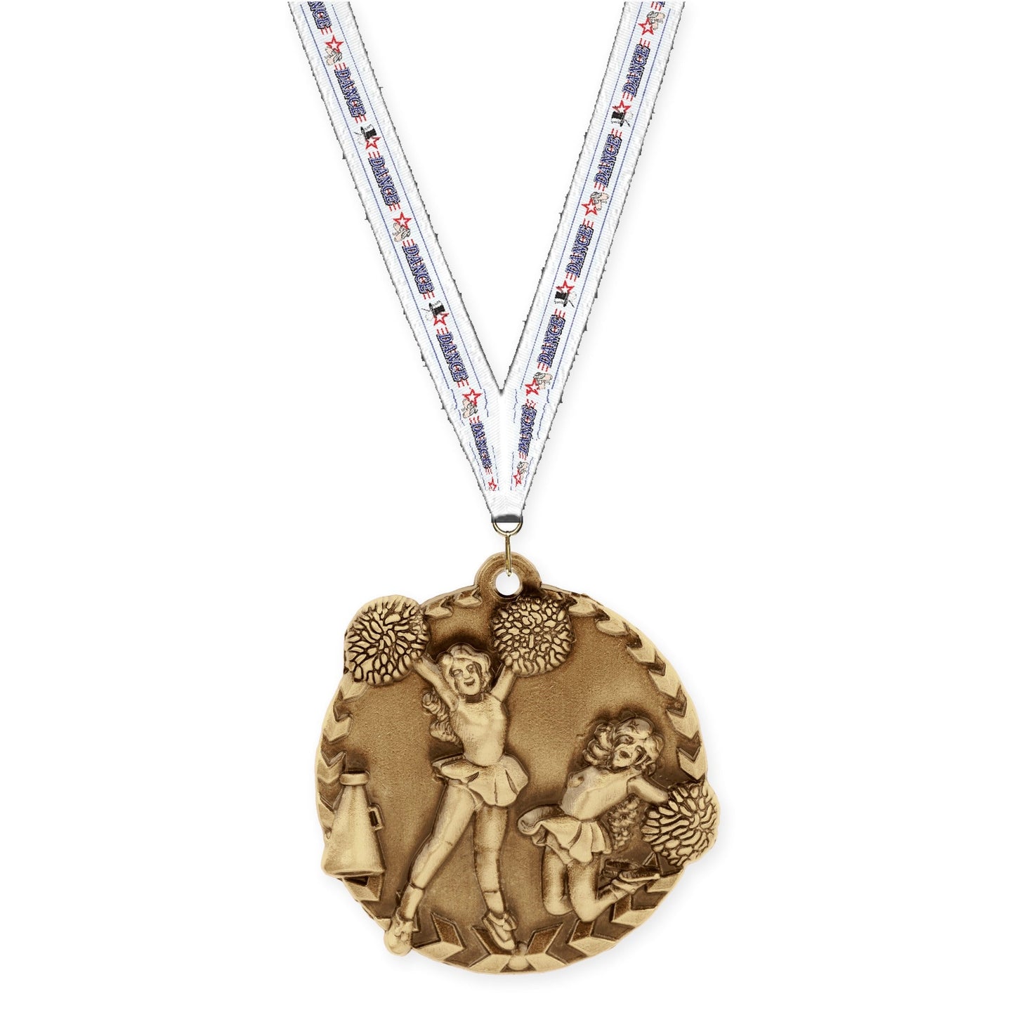 1 3/4 inch cheerleading Millennium medal in antique gold with Dance neck ribbon