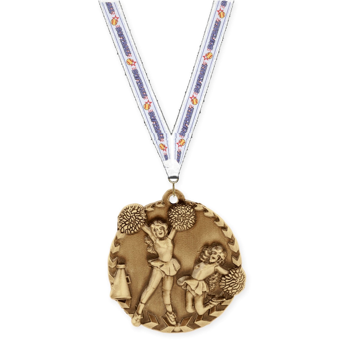 1 3/4 inch cheerleading Millennium medal in antique gold with Softball neck ribbon