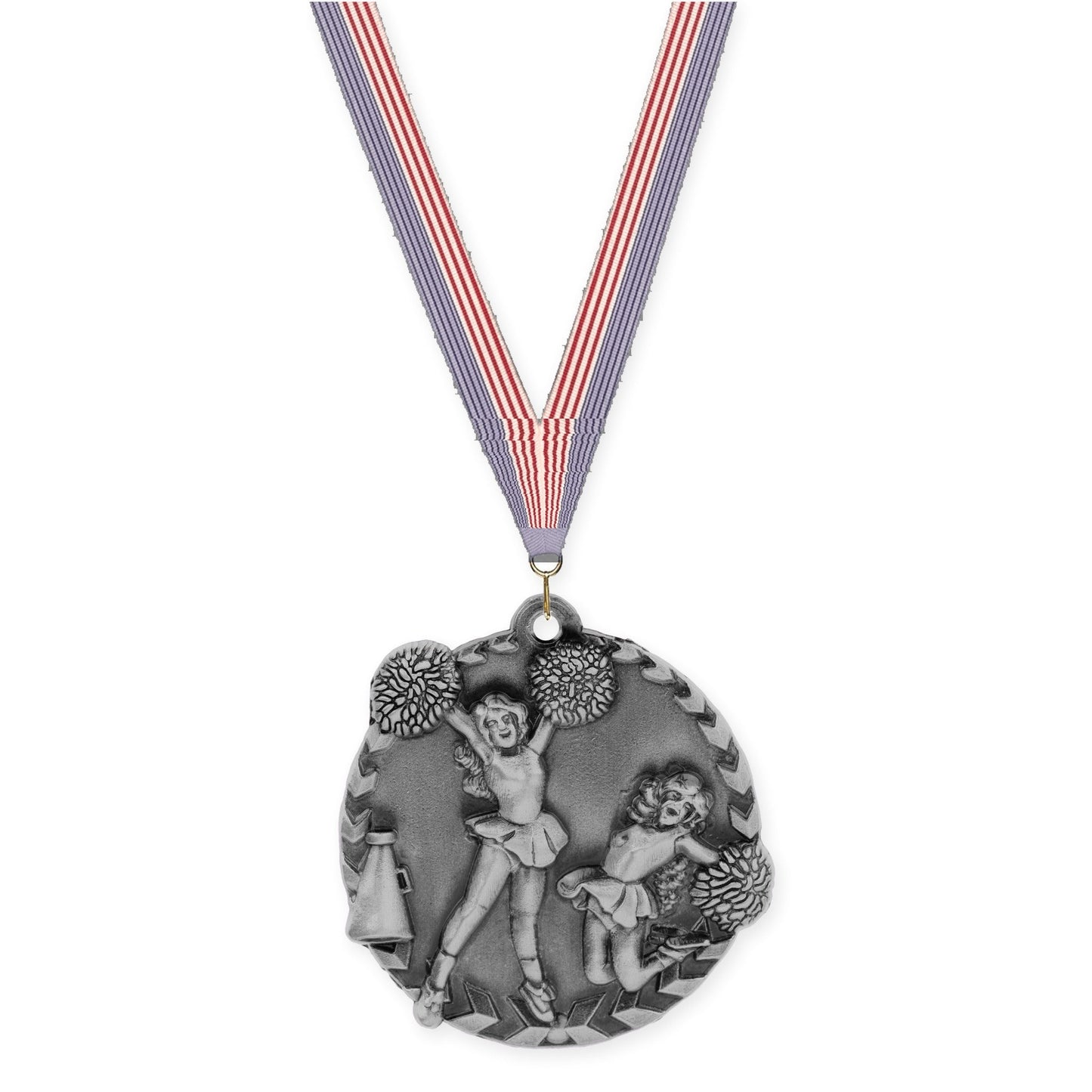 1 3/4 inch cheerleading Millennium medal in antique silver with USA Flag neck ribbon
