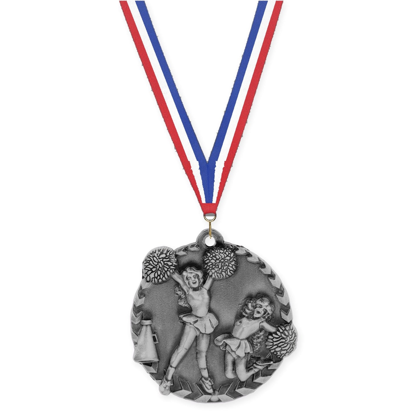 1 3/4 inch cheerleading Millennium medal in antique silver with Red White Blue neck ribbon