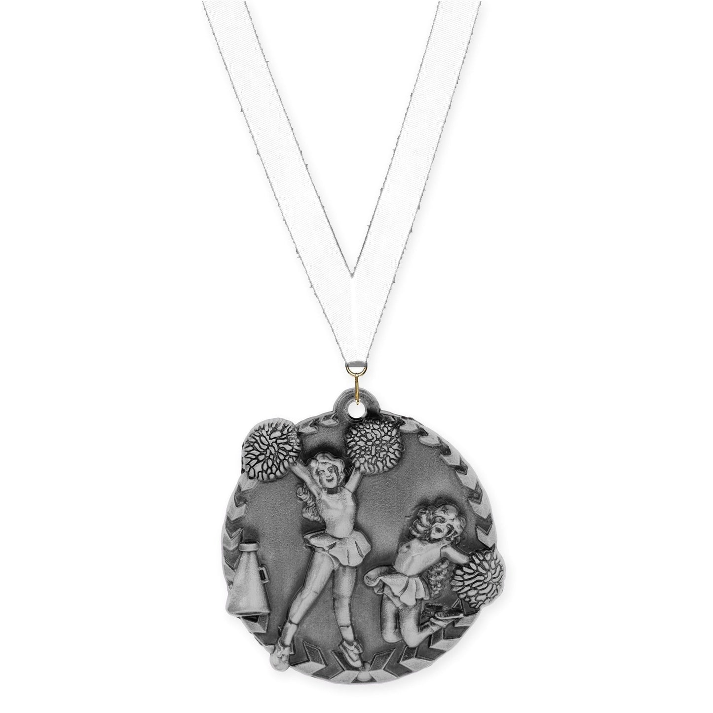 1 3/4 inch cheerleading Millennium medal in antique silver with White neck ribbon