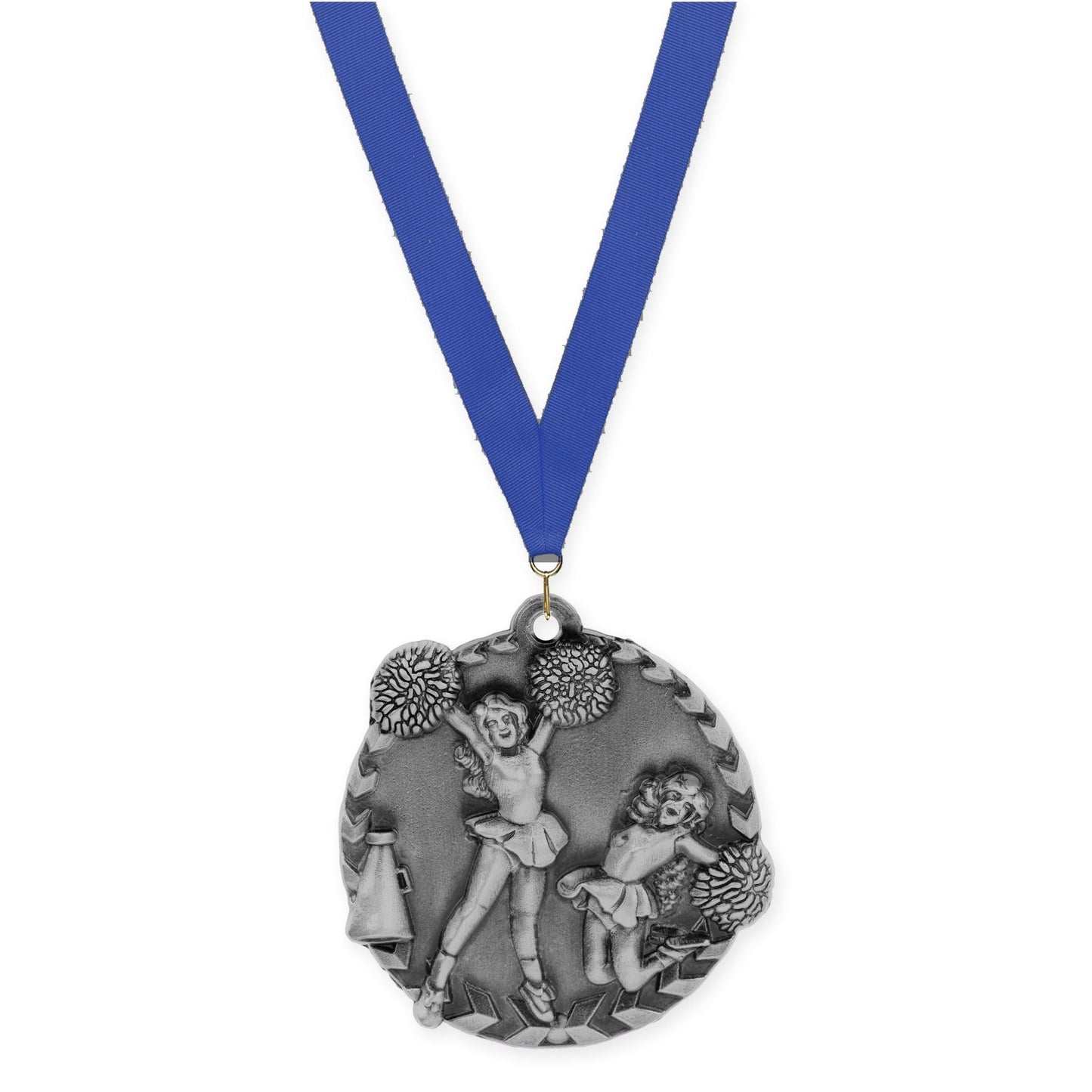 1 3/4 inch cheerleading Millennium medal in antique silver with Blue neck ribbon