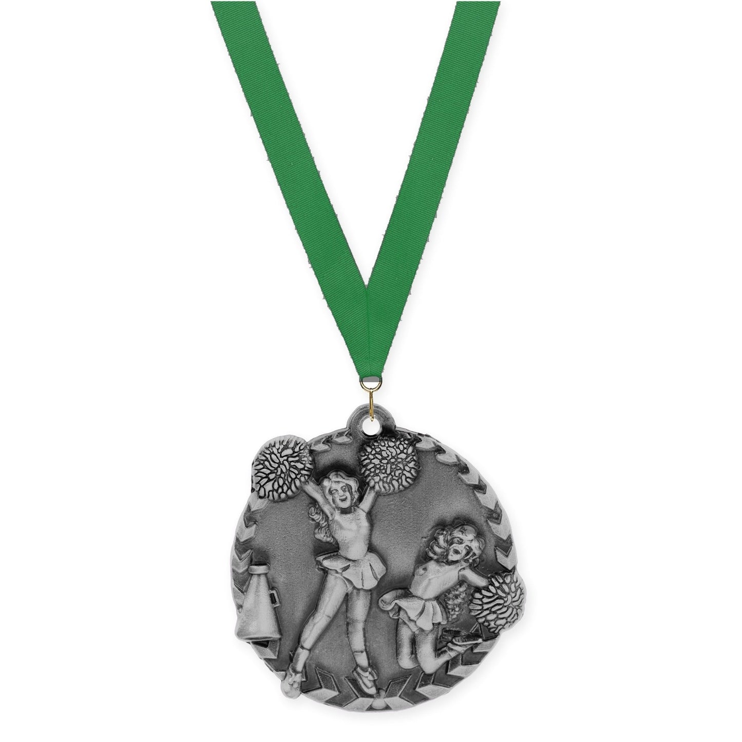 1 3/4 inch cheerleading Millennium medal in antique silver with Green neck ribbon