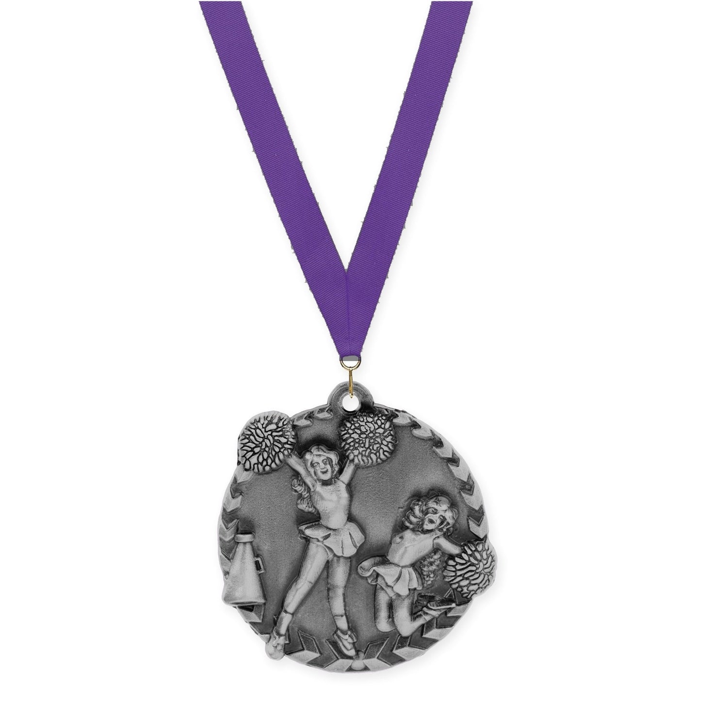 1 3/4 inch cheerleading Millennium medal in antique silver with Purple neck ribbon