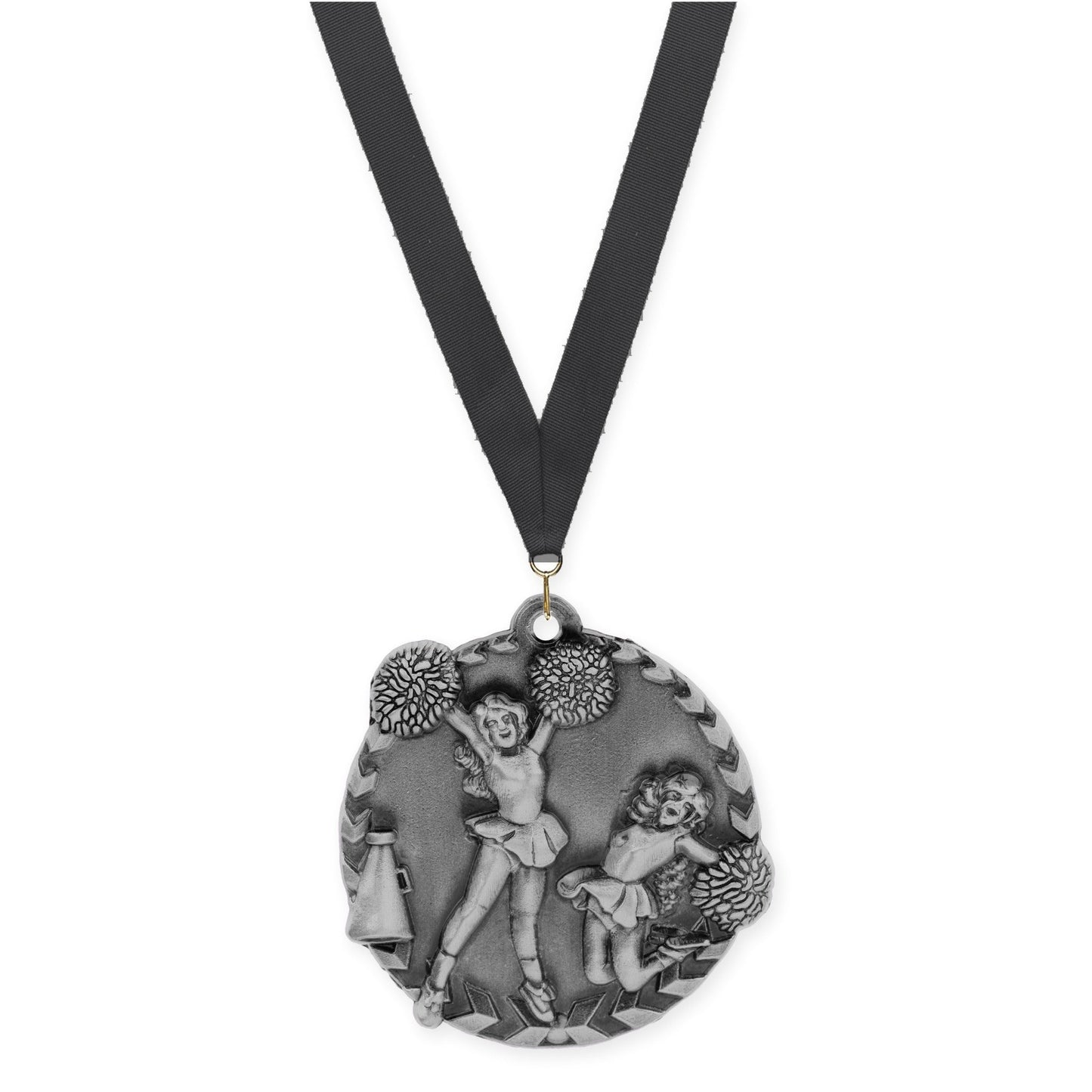 1 3/4 inch cheerleading Millennium medal in antique silver with Black neck ribbon