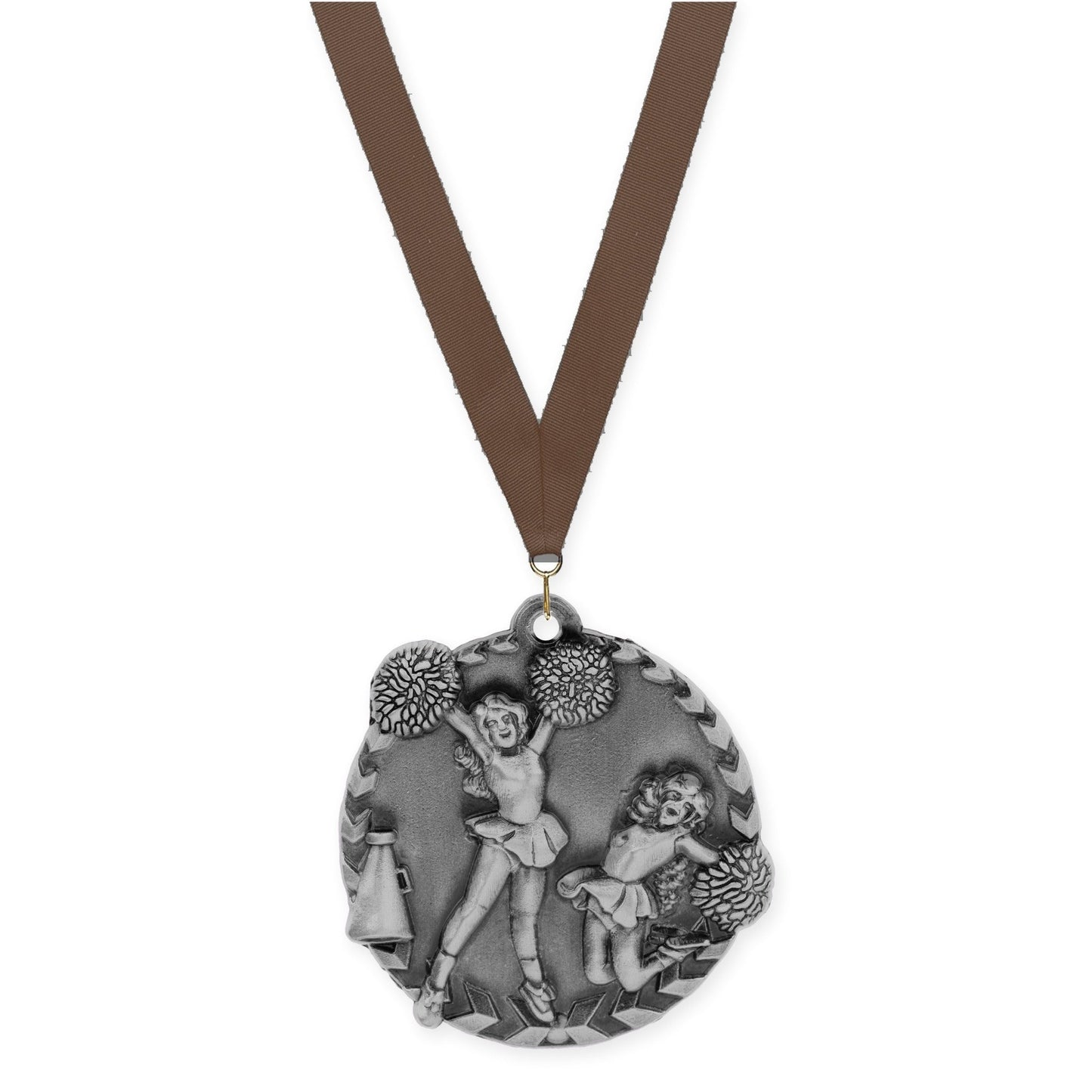 1 3/4 inch cheerleading Millennium medal in antique silver with Brown neck ribbon