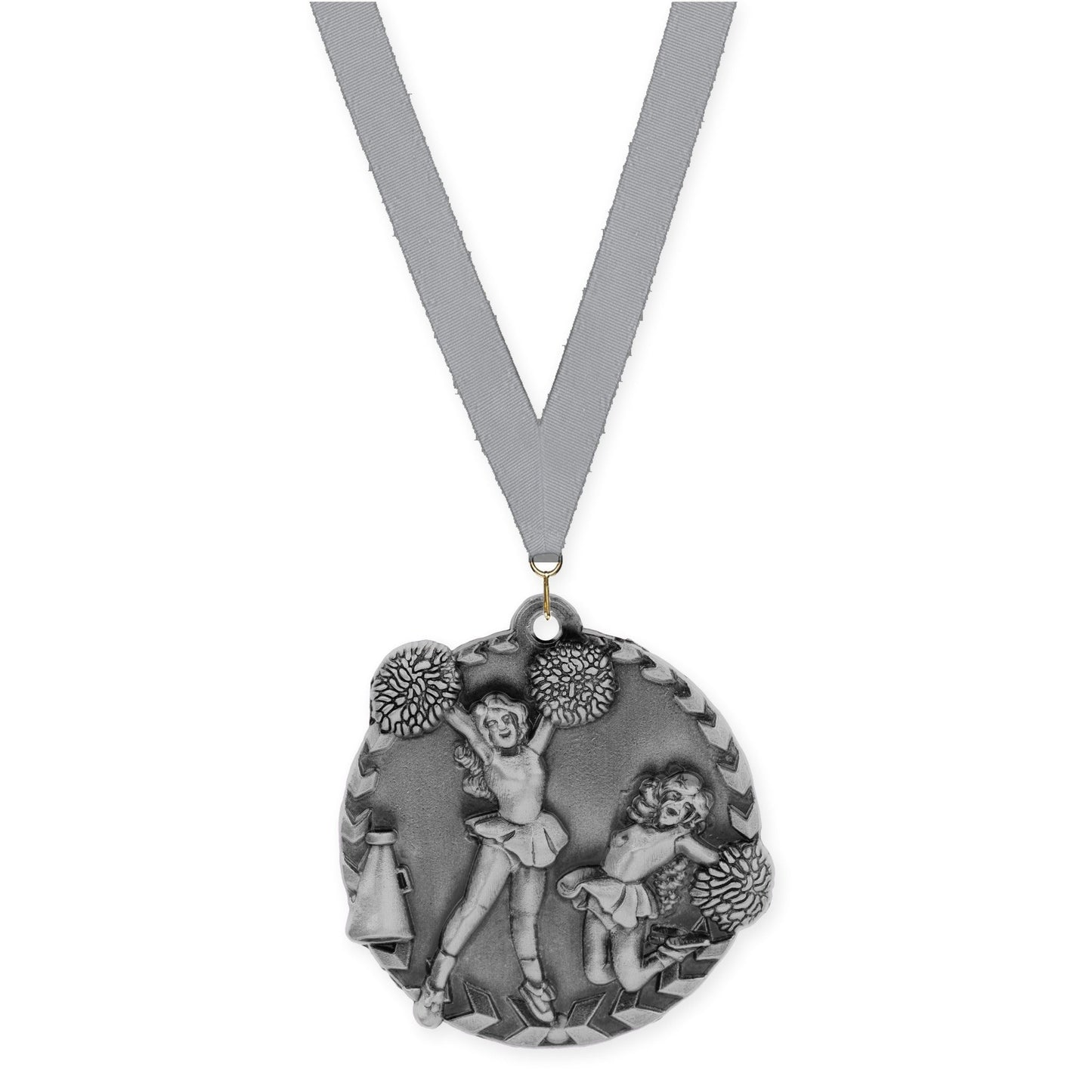 1 3/4 inch cheerleading Millennium medal in antique silver with Gray neck ribbon