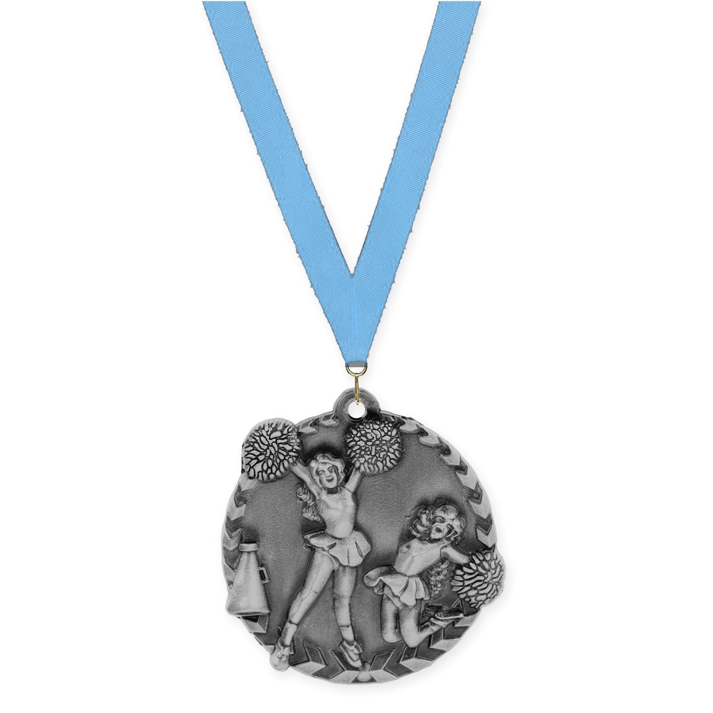 1 3/4 inch cheerleading Millennium medal in antique silver with Light Blue neck ribbon