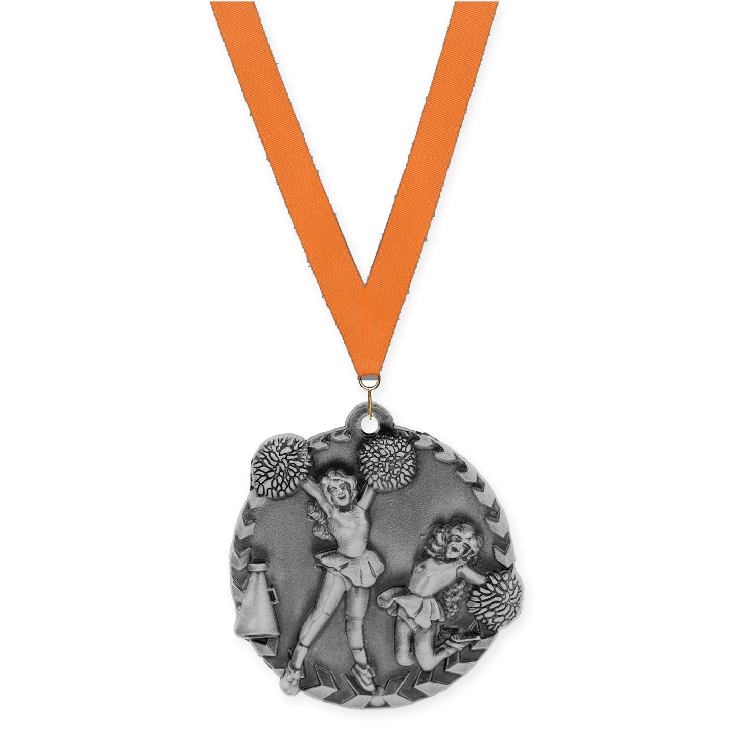 1 3/4 inch cheerleading Millennium medal in antique silver with Orange neck ribbon