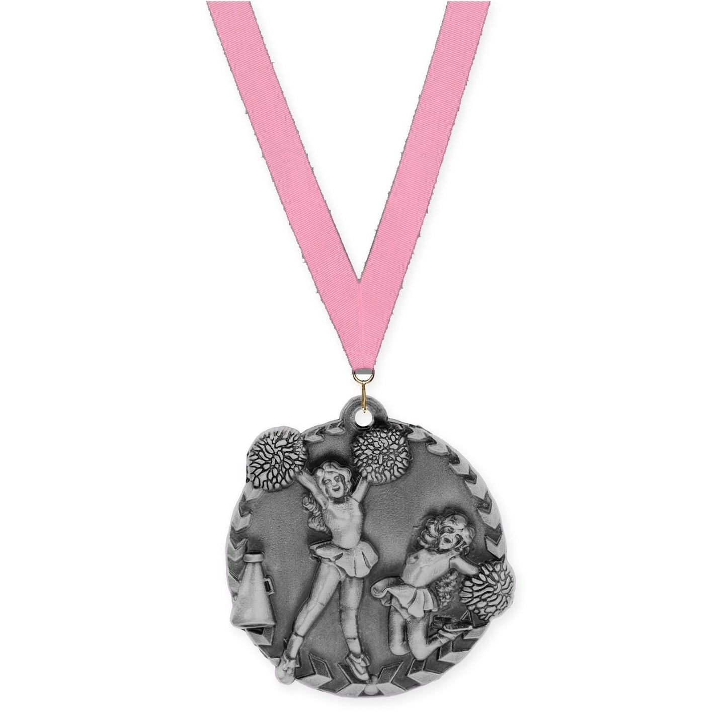 1 3/4 inch cheerleading Millennium medal in antique silver with Pink neck ribbon