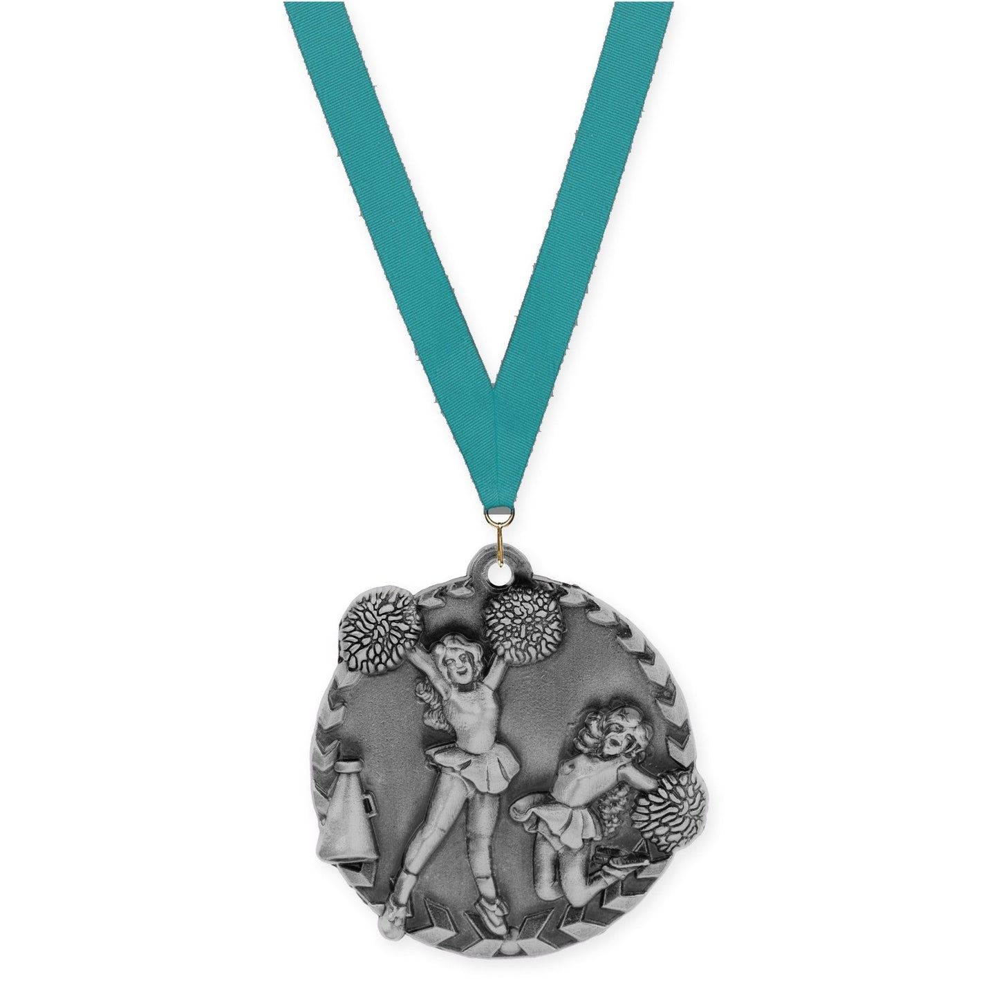 1 3/4 inch cheerleading Millennium medal in antique silver with Teal neck ribbon